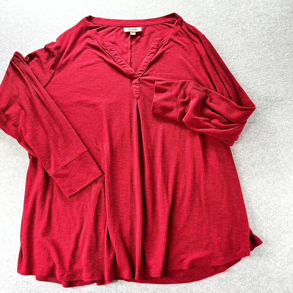 EVRI Blouse Top Womens 3X Red Ribbed Knit Stretch V Neck Long Sleeve Pullover